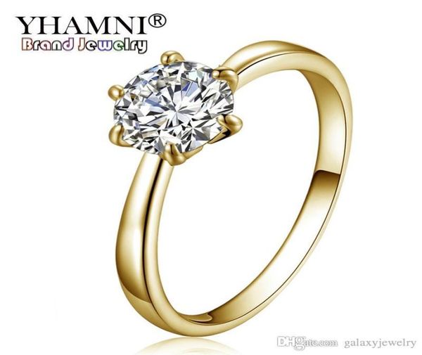 Yhamni Original Gold Pure Gold Ring Solitaire 6mm 1 Ct Cz Zircon Fedi nuziali per donne Anello completo Dimensioni 5 6 7 8 9 10 11 YR0024354866