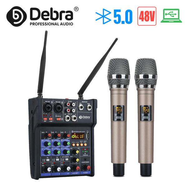 Mixer Debra estéreo Mixer de áudio Buildin UHF MICS sem fio 4 canais Misturando console com efeito USB Bluetooth para DJ Karaoke PC Guitar