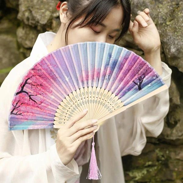 Dekorative Figuren POGROGROFOR FALTING FAN CHINE CHINA STYLE BAMBOO Hand mit Nachahmungsseide Blumendruck Quasten für Frauen