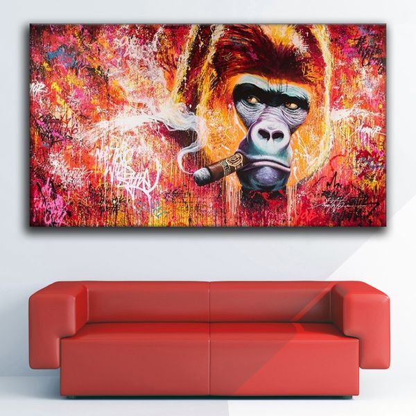 Abstract Wall Art Canvas Gorilla Fumo per olio di sigaro Dipinto di animali da poster divertenti Piccole scimmia per soggiorno moderno arredamento per la casa Cuadros