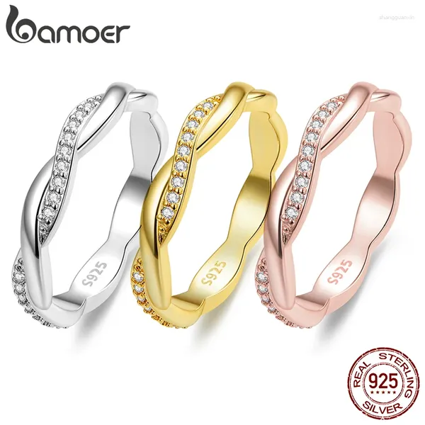 Clusterringe Bamoer 925 Sterling Silber einfache verdrehte Ring 14K Gold plattiert Kubikzirkonia Eternitätsband für Frauen 3 Farben BSR248