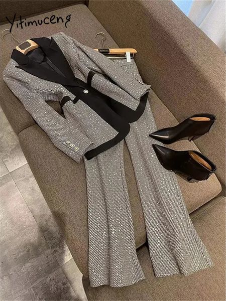 Paillettes yitimuceng Women Suit Office Sets Slim Pulsante Slim Down Down Blazer Blazer Vintage Pants Suit 240409