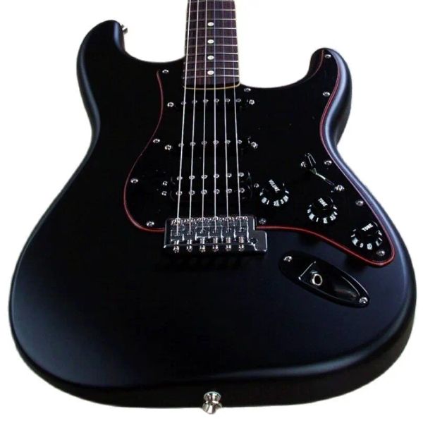 Kablolar Yeni Mat Siyah Renk St Elektro Gitar, Katı Gövde, Gülağacı Kıvrılığı, Kırmızı Çizgi Pickguard ile Balck,