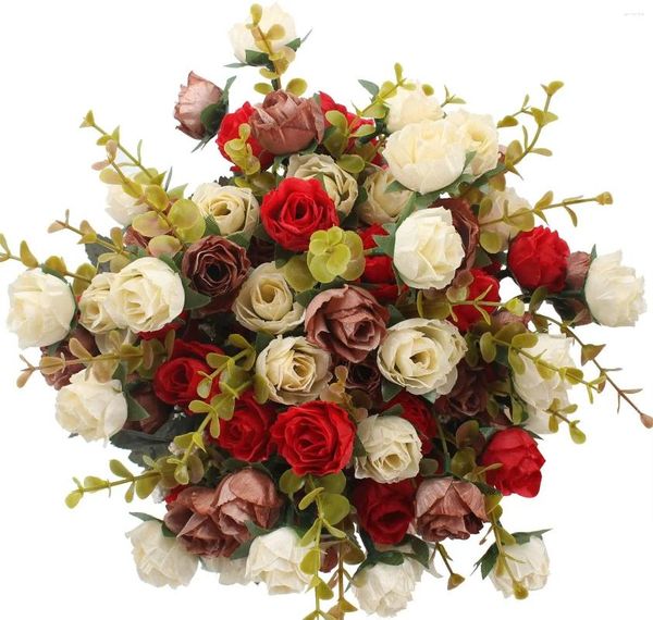 Flores decorativas 3pcs 21 cabeças de buquê artificial Mini rosa para o chá de panela de noiva Festa de aniversário de festa de aniversário Decoração do escritório do escritório