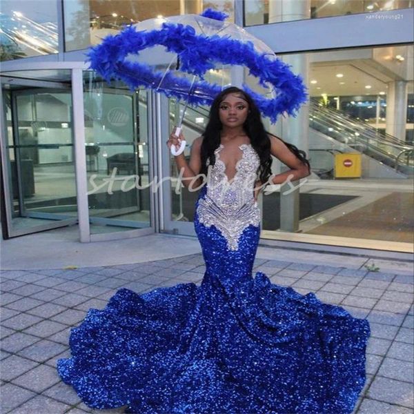 Платья для вечеринок Sparkly Royal Blue Sequin Prom Prome 2024 Элегантная русалка плюс размер вечерний хрустальный хрустальный со страза Формальный день рождения