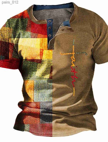 Camisetas masculinas Retro Mens Summer Summer T-shirt 3D liso de mangas curtas Pull Flower Street Mens de grandes dimensões Botão de decote em V YQ240415