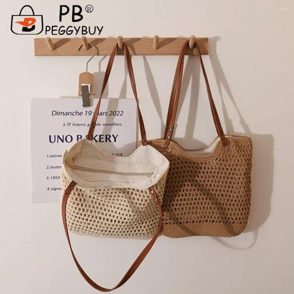 Bolsas de ombro Bolsa de crochê de algodão Hollow Out Summer Beach com Zipper Fechamento Casual Pão Casual Top Tank