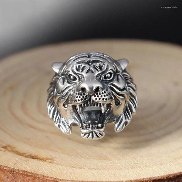 Rings de cluster O artesanato de prata tailandês exagera a cabeça dominante de tigre masculino moda vintage estilo punk de alta qualidade jóias de banquetes