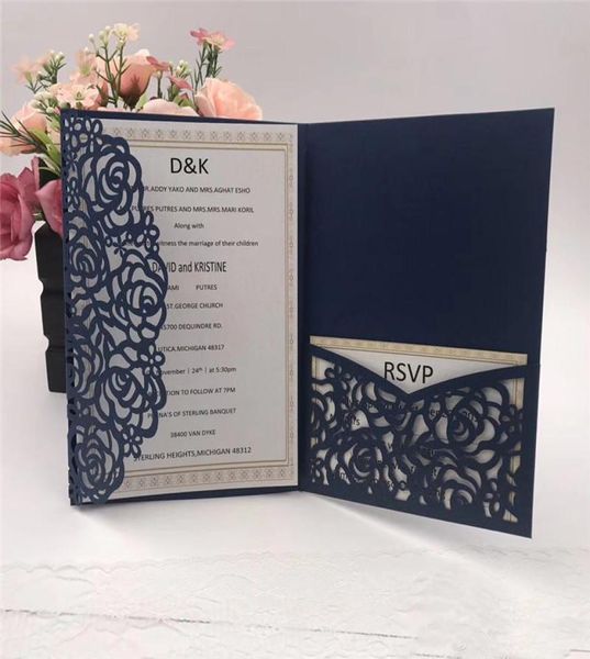 2023 Navy Blue Laser Cut Taschenhochzeitseinladungen Suites Anpassbare Einladungen mit Umschlag Hochzeitszubehör leer Inner Custom4181708