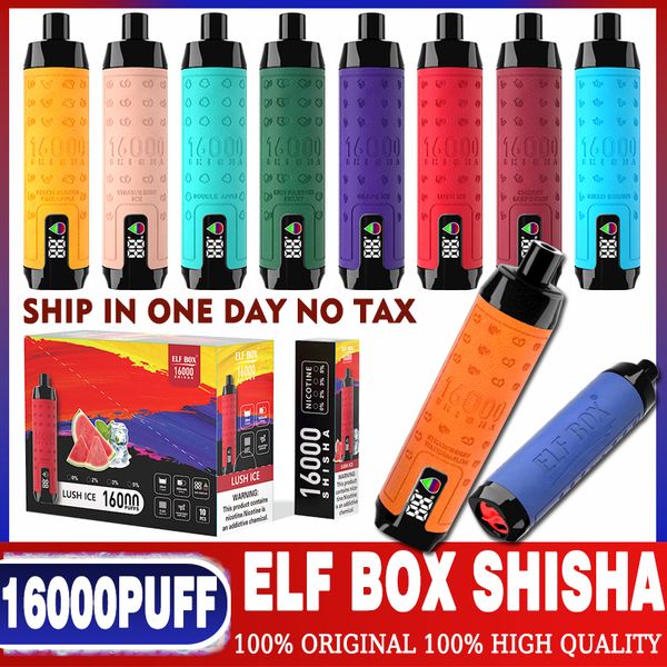 Original Elf Box Shisha 16000 Puffs Einweg -Vape -Stift -Puff 16K LED -Anzeige Mesh Spulaufladbar E -Zigaretten 12 Geschmack 0% 2% 3% 5% Vaper 15000 12000 10000 9000