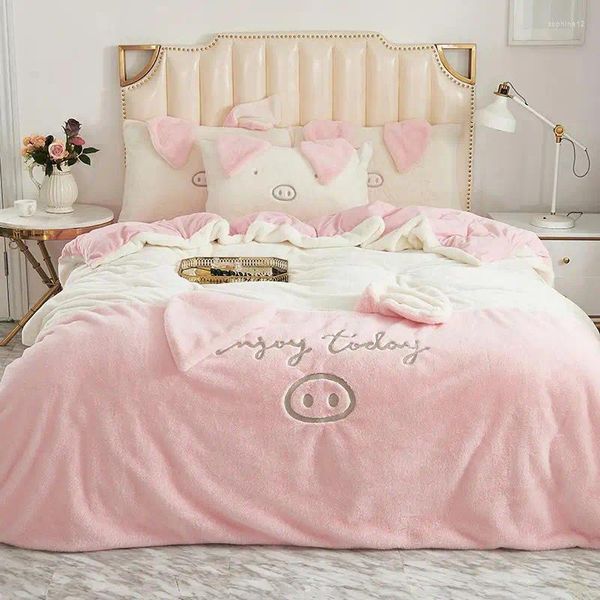 Bettwäsche Sets 43 4 Pieces Schwein Ohren Duvet Cover Set Rosa weißes weiches Fleece Velvet Flanell Fabric Girls Bettlaken