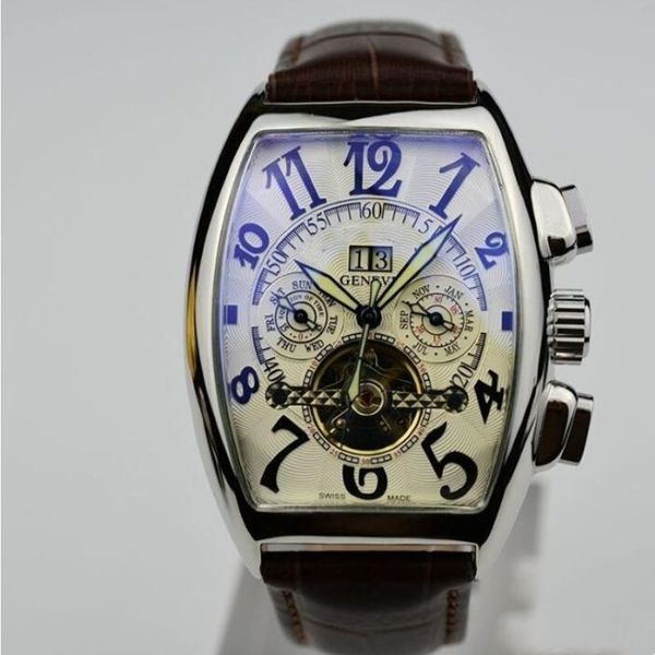 2021 Ginevra Luxury Leather Band Tourbillon Men Mechanical Watch Drop Day Day Skeleton Automatic Men Watches Gifts273z