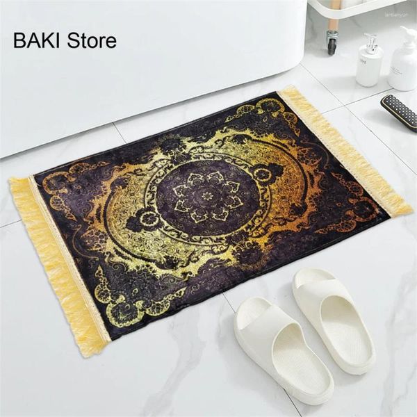 Teppiche Goldener Mandala Schwarzer Teppich mit goldenem Quaste Boho Ethnic Style Anti-Rutsch-Bodenmatte für Badezimmerdekoration Gebete Bett