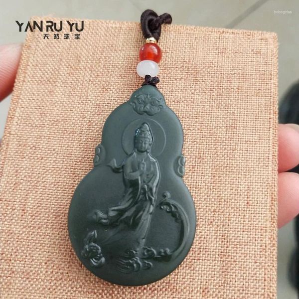 Estatuetas decorativas genuínas naturalmente hetianas jade guanyin pendente gourd homem mulher colar jóias acessórios para presente ornamento de pescoço