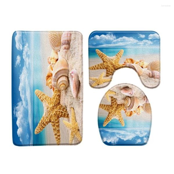 Tapetes de banho Sandy Beach Mat Starfish Shell Ocean Decor anti-Slip Tapetes Tapetes Tampa da tampa em forma de U Acessórios de banheiro em forma de U Conjuntos de acessórios