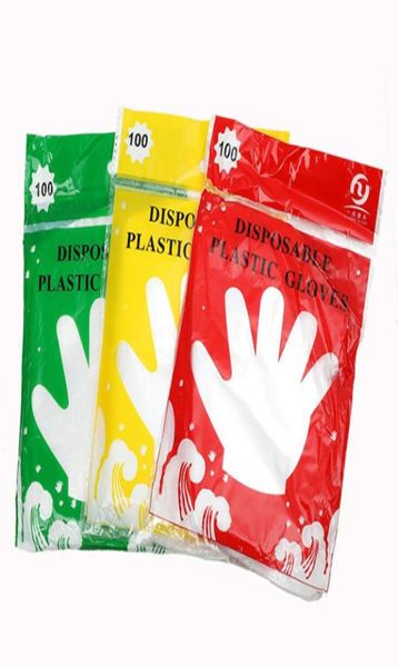 Luvas descartáveis plásticas Grade de alimentos para alimentos As luvas transparentes à prova d'água de luvas limpas para o Home Clean Packing colorido 100pcs Outras ferramentas de cozinha wy9277439