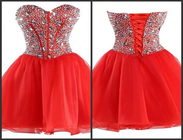 Rotes Kleid billige Partykleid Kurzmini -Kleidung Kristalle Perlen Schnüre -up -Rücken -Paillettenkleid ärmellose Schatz Hals Custom süß 15 D3077249