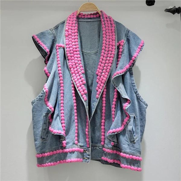 Frauenwesten Frauen Rüschen Denim Weste unregelmäßige Lotus rosa Perlen Jeans Ärmeloses Mantel Buchstaben gedruckte Weste Strickjacke Cowboy Tank