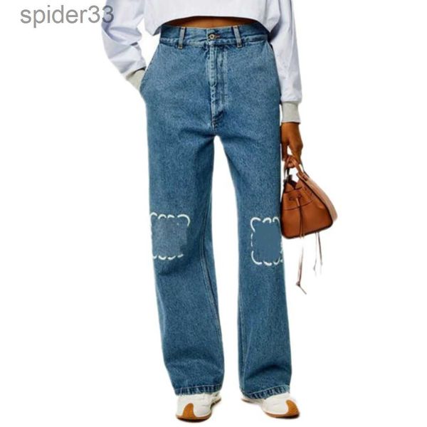 Designer Jeans Damen Ankunft hoher Taille ausgehöhltes Patch bestickter Logo Dekoration Casual Blue Straight Denim Hosen E5px