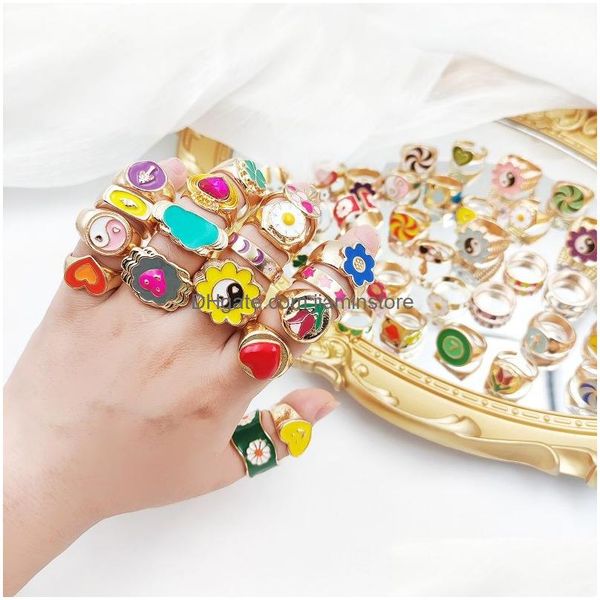 Bandringe 20pcs/Los Tropföl Glaze Farbring für Frauen Mädchen trendy süße Blumen Schmetterling Yin Yang Finger Party Drop Lieferung Jude Dhsex