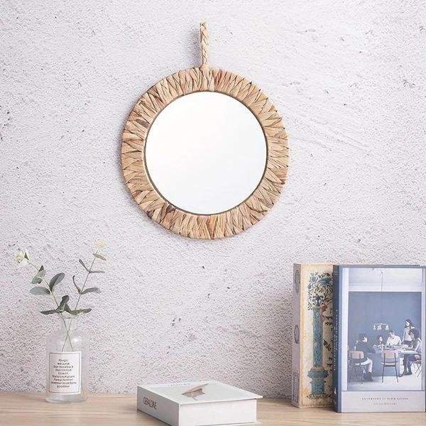 Taquestres 1pc Pastoral Rattan Wall Holding Decorative Mirror Frame Retro Homestay Taring Mandle Round Tapestry Bedroom Living