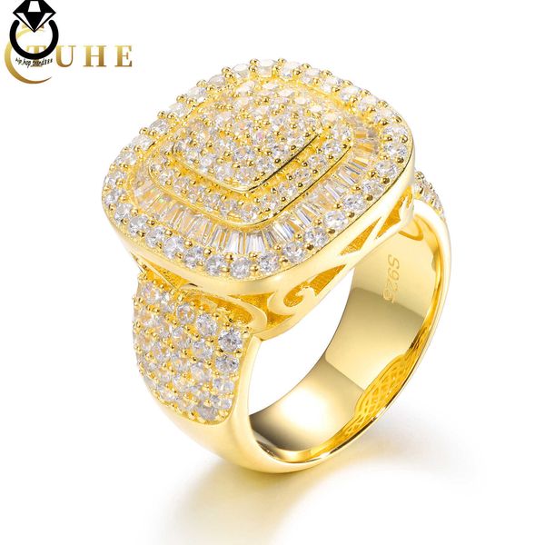 Jóias de Hip Hop Luxurno Batilhado de ouro 18k 925 Sterling Silver VVS Moissanite Diamond Iced Out Hip Hop Ring Geométrico para Homens