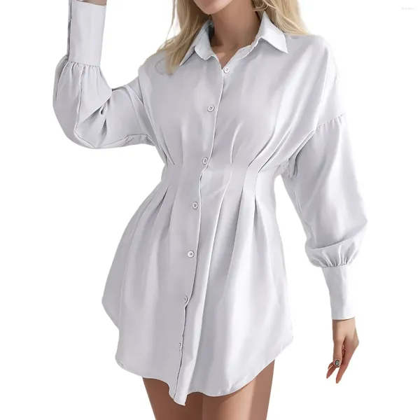 Vestidos casuais femininos manga longa Camisa da cintura Vestido assimétrico v pescoço de verão Trabalho profissional de verão para mulheres