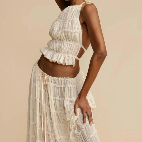 Vestidos de trabalho Moda feminina 2 peças Maxi Skirt Set Lace Up Top Top Top e Flowy Long 2024 Summer Beach Roupfits