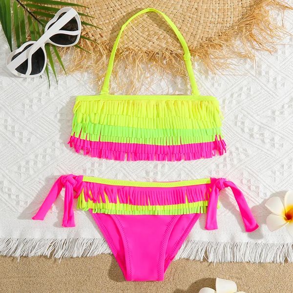 Kızlar Patchwork Fringe Bikini Mayo Kids Halter Top İki Parçalı Çocuk Mayo 5-12 Yıl Tie Yan Banyo Takım Plaj kıyafeti 240412