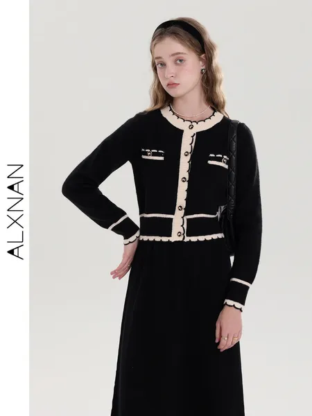 Vestidos de trabalho Alxnan Jackets vintage Women Black Tweed Cropped Coat Cropped