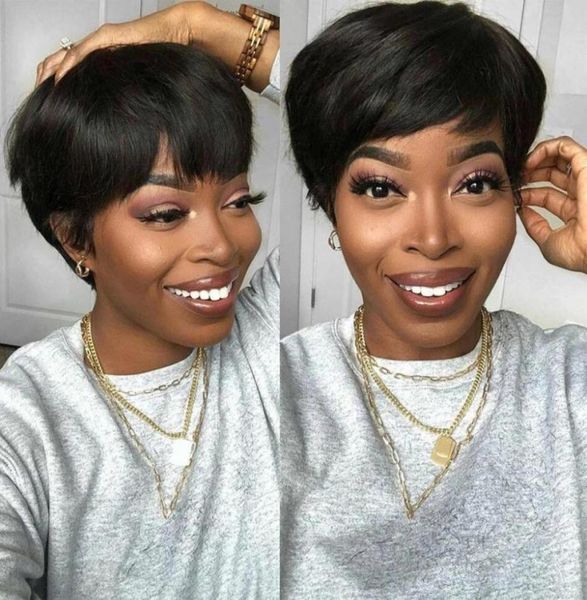 Perucas de cabelo humano curto Pixie Cut Wigs para mulheres negras com franja de 4 polegadas de 4 polegadas de renda cheia brasileira e cabelos de bebê africanos 6621160