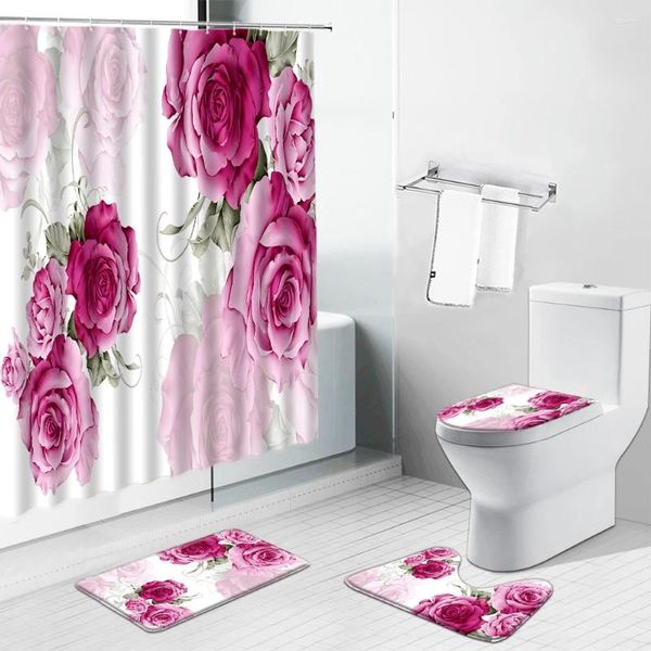 Cortinas de chuveiro Flor roxa rosa elegante cortina impressa girassol tulipa banheiro floral banheiro não deslizamento conjuntos de tampa do banheiro tapete carpete