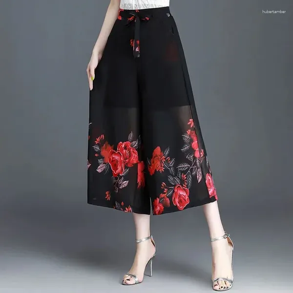Calça feminina impressão chiffon saias femininas bohemian beia larga perna alta cintura de verão calça de verão plus size
