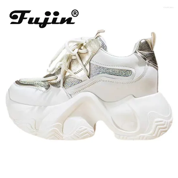 Scarpe casual fujin 9cm donne stivali primaverili piattaforma cuneo bling sneakers grosso strass vulcanizzare la moda vera pelle autunno