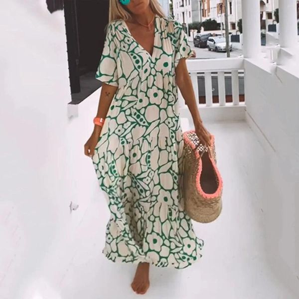 Abiti casual 2024 Summer Bohémien Stampa Maxi Dress Women Wasge V-Neck Short Short Holiday Beach Vestitidos Long Vestidos