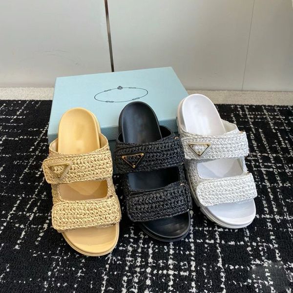 Designer feminino slides de crochê preto plataforma de plataforma de madeira plataforma de madeira sandálias deslizantes Mulas de lona de luxo com saltos baixos para desgaste casual de verão