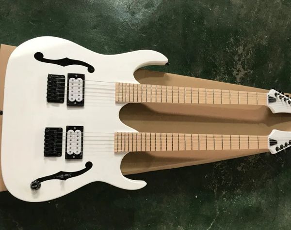 Fábrica de guitarra Custom 6+6 Strings White Double Neck Guitar Hardware preto, corpo semi -oco, forneça serviço personalizado
