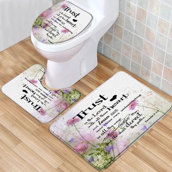 Badmatten 3pcs/Set inspirierende Zitate Badezimmer Mate Spring Purple Blumenlandschaft Flanell Dekor Badewanne Toilette Teppich Nicht-Schlupf-Teppich