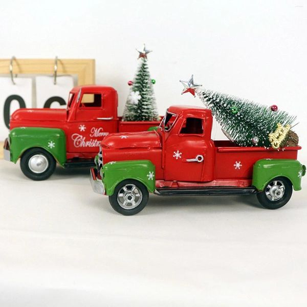 Dekorative Blumen Vintage Red Truck Ornamente Weihnachten Metall -Pickup -Auto mit Weihnachtsbaum -Dekorationen Jahr 2024 Navidad