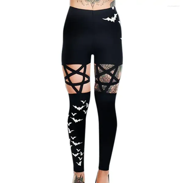 Yoga roupas femininas Halloween punk gótico leggings hollow out star pentagramas calças de impressão casual de alta cintura elástica de alta cintura