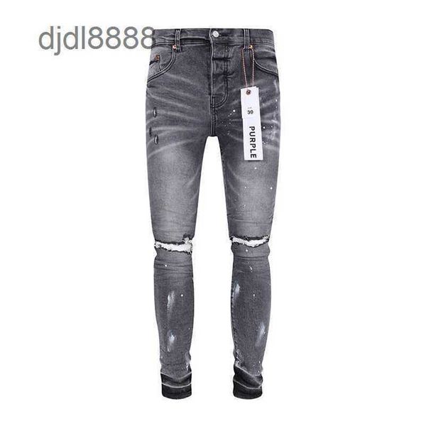 Designer de jeans roxo calças de calça 23sss fumante cinza desgastado buraco de cera escovada