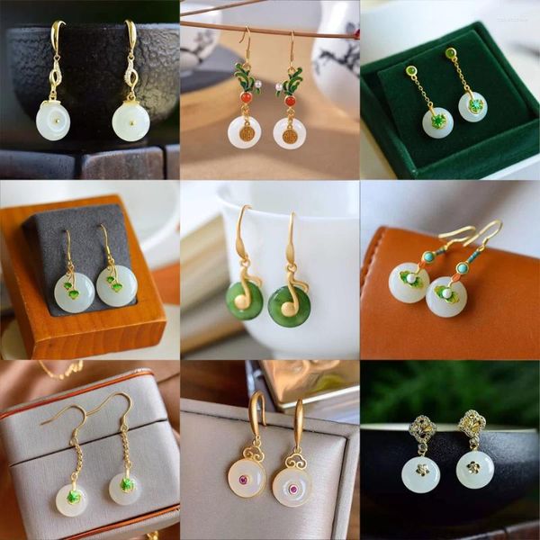 Dangle Orecchini Designer Serie originali Serie Classico Naturan Jade Simple Round Cinese in stile cinese Ladies Silver Jewelry