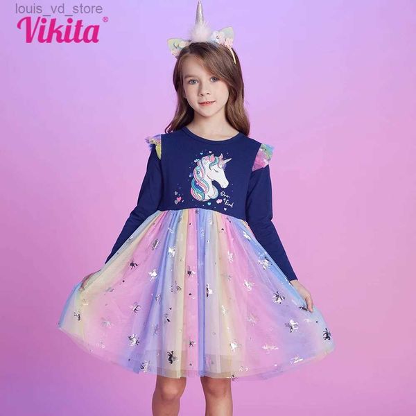 Abiti da ragazza Vikita New Girls Dress Dress Autunno Inverno Abiti di cotone per bambini in costume Birthday Party Princess Mesh Abito per ragazza T240415