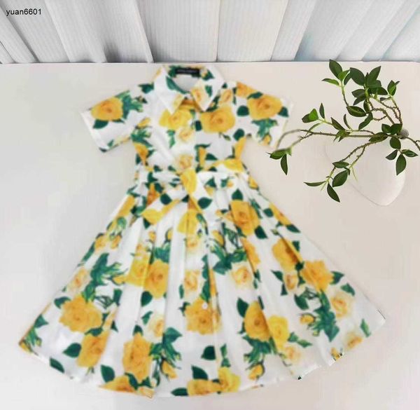 Beliebte Mädchen Partydress kurzärmelig Babyrock Größe 90-150 cm Kinder Designer Kleidung gelber Blumendruck Prinzessin Kleid 24APRIL