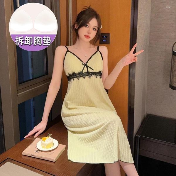 Sleepwear feminino 2024 verão lingerie sexy spaghetti tira de algodão camisola para mulheres coreanas fofinhas de renda noturna
