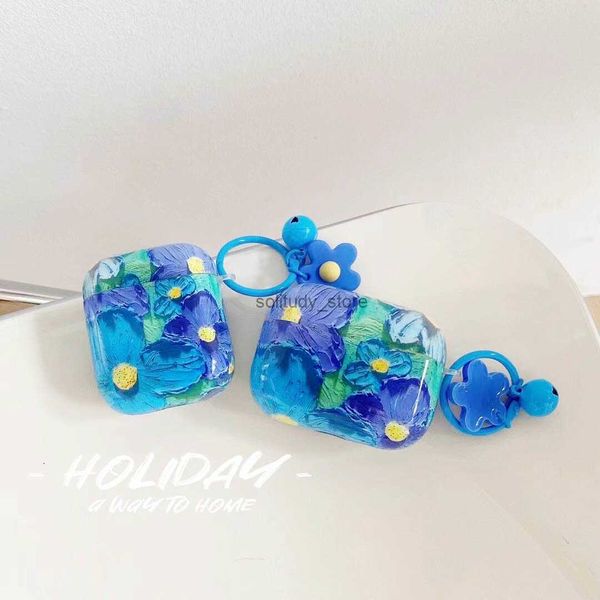 Accessori auricolari Relief Blue Oil Painting Flower Case per AirPods Pro2 3 1 2 orecchio alla moda IMD TPU TPU AirPod AirPod Pro 3Gen Purple Phone Protector Cover Q240415