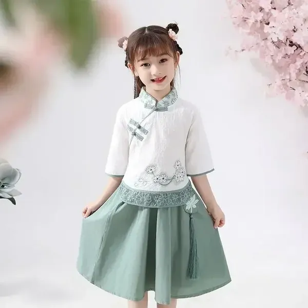 Set di abbigliamento per bambini in costume da bambino in stile cinese bambina abito tang 2024 Summer Hanfu Ceremonia di laurea vestito carino Qipao