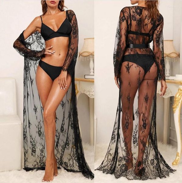 Frauen Nachtwäsche Frauen Langarm Spitzenkleid modische sexy Perspektive Pyjamas Robe Unterwäsche Dessous Satin Seidengürtel schlank