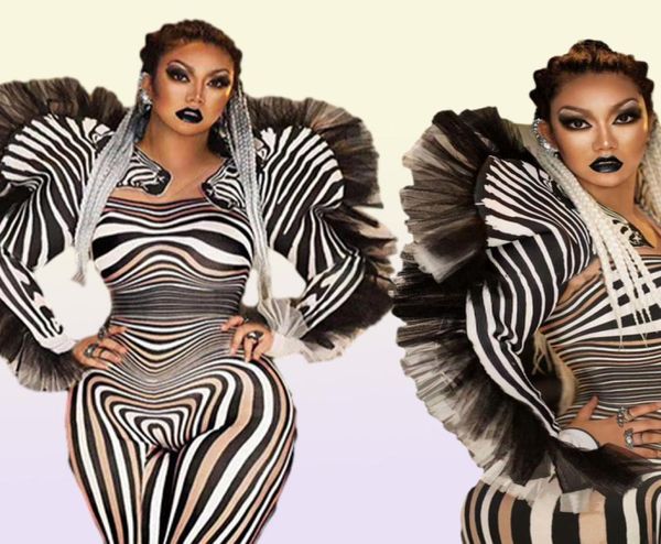 Moda zebra desen tulum kadın şarkıcı seksi sahne kıyafeti ds dans cosplay bodysuit performans gösterisi kostüm 220325475908