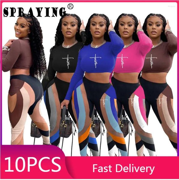 Frauen zwei Stück Hosen 10 Sets Herbst -Tracksanzug Frauen Kleidungsstück Set sexy Langarm Outfits Crop Top Legging Bulk Artikel Großhandel Lose S10727